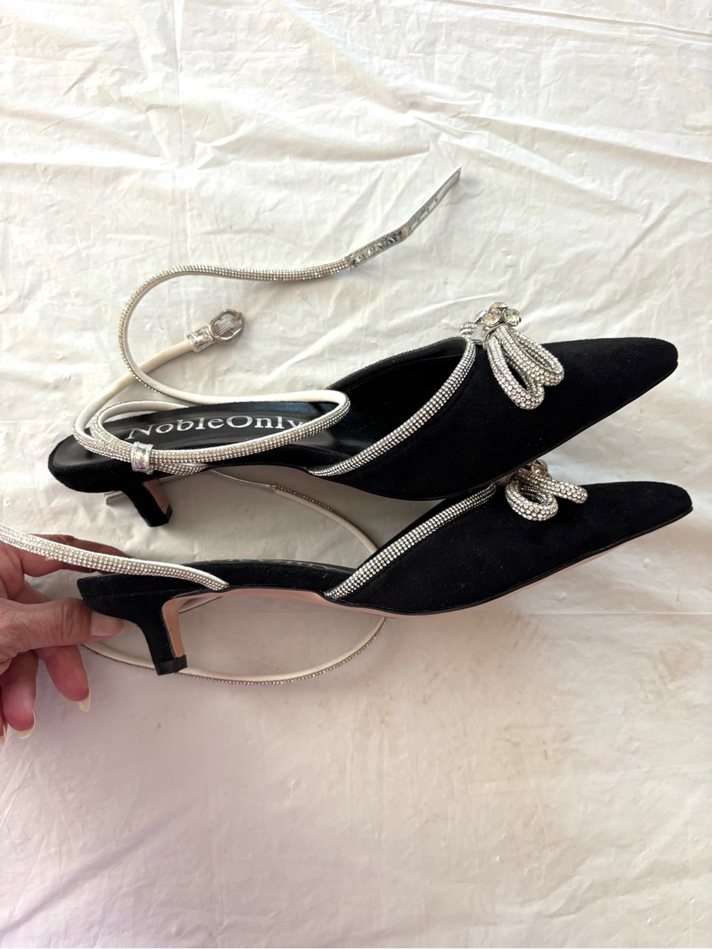 NWOT Noble Only Black Silver Rhinestone Bow Lace Up kitten Heel Sandals SZ 10 - Picture 6 of 15